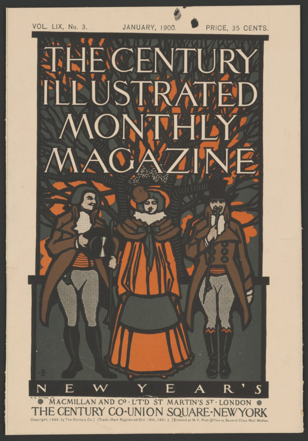 Schwarzer Plakatentwurf für 'The Century Illustrated Monthly Magazine, Januar 1900' mit figuren in historischer Kleidung und dekorativem Rand.