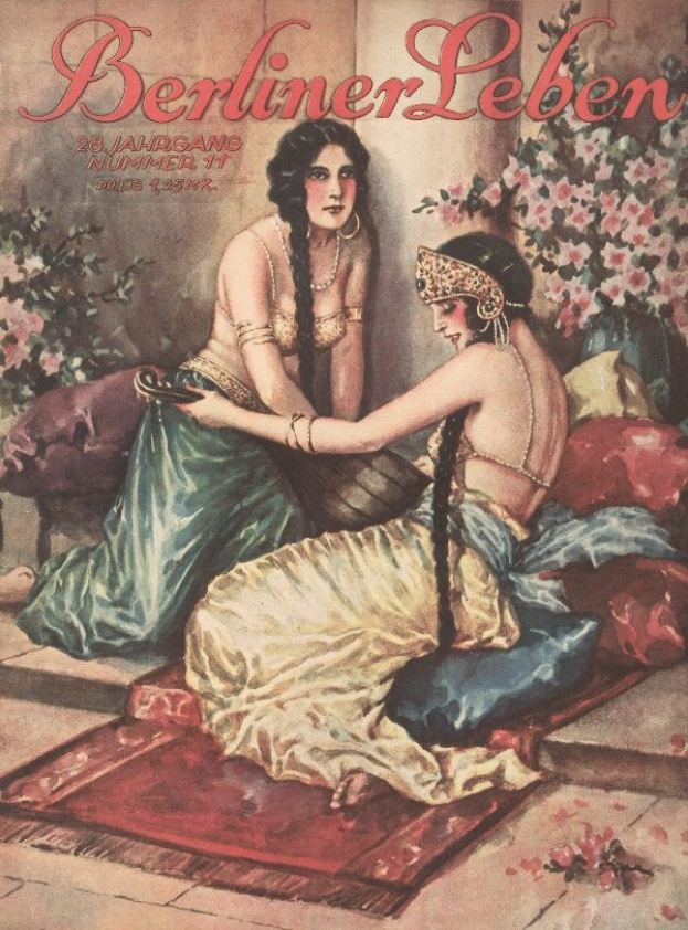 Plakat mit zwei Frauen auf einem Bett umgeben von Kissen und Pflanzen mit Blumen, mit dem Text "Berliner Leben Magazin-Cover von Oktober 1931" oben.