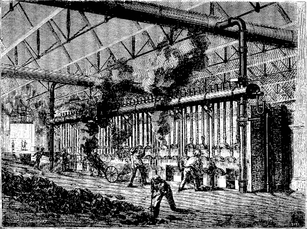Schwarz-weiß-Zeichnung einer hektischen Stahlfabrik der 1910er Jahre mit Arbeitern, Pfählen und Maschinen.