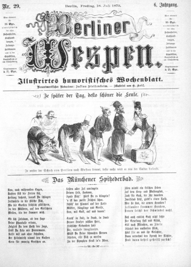 Alte Zeitung mit der Überschrift "Berliner Wespen" vom Juli 1873, die eine Karikatur eines besorgten Mannes mit Zylinder und einer Frau in einem Kleid zeigt.
