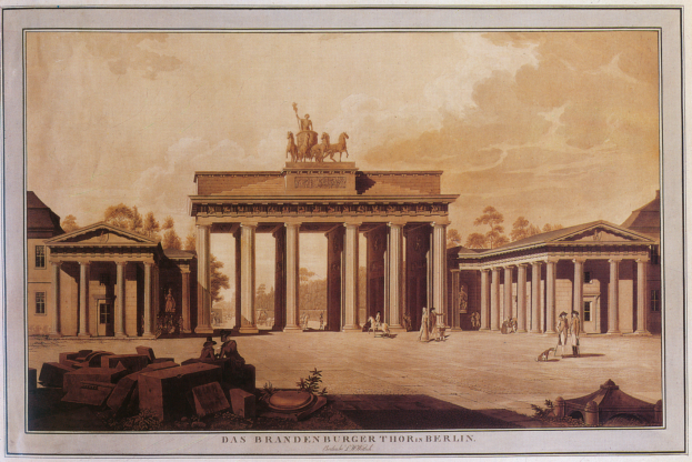 Ein Bild des Brandenburgertors in Berlin, Deutschland, gerahmt und umgeben von Menschen, Skulpturen, Bäumen und anderen Gegenständen, mit Text unten.