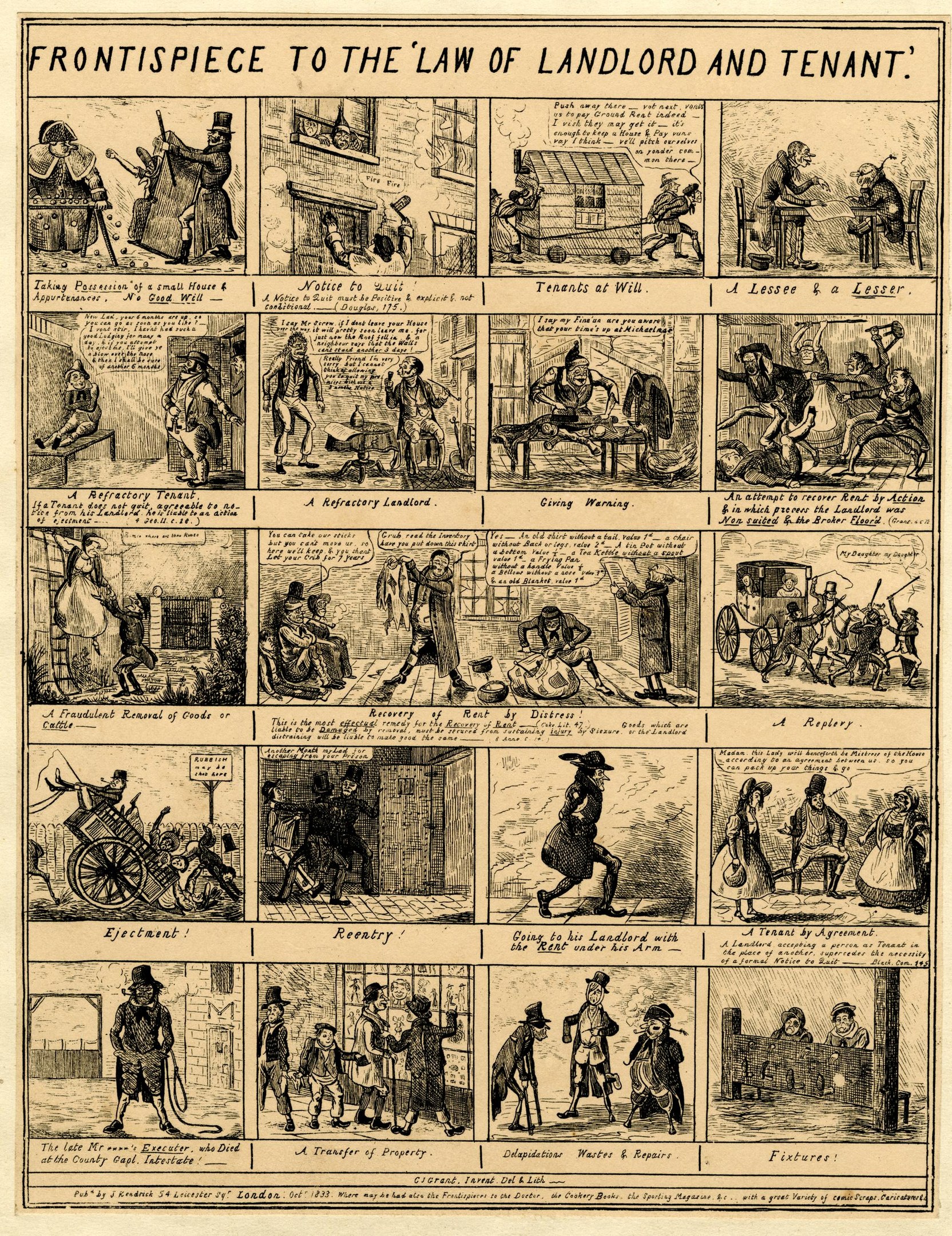 Cartoon-stil-Illustrationen von Menschen, Gebäuden und Gegenständen begleiten fettgedruckten Text auf einem Blatt, das das Mietrecht abbildet und von einem schmücken Rahmen umgeben ist.