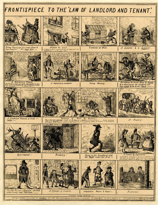 Cartoon-stil-Illustrationen von Menschen, Gebäuden und Gegenständen begleiten fettgedruckten Text auf einem Blatt, das das Mietrecht abbildet und von einem schmücken Rahmen umgeben ist.