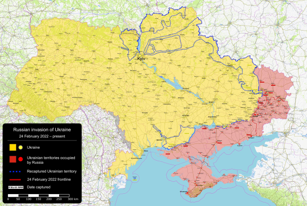 Eine Karte von Ukraine mit dem russischen Einmarsch in verschiedenen Farben hervorgehoben und Text auf der linken Seite, der Details über den Einmarsch bereitstellt.