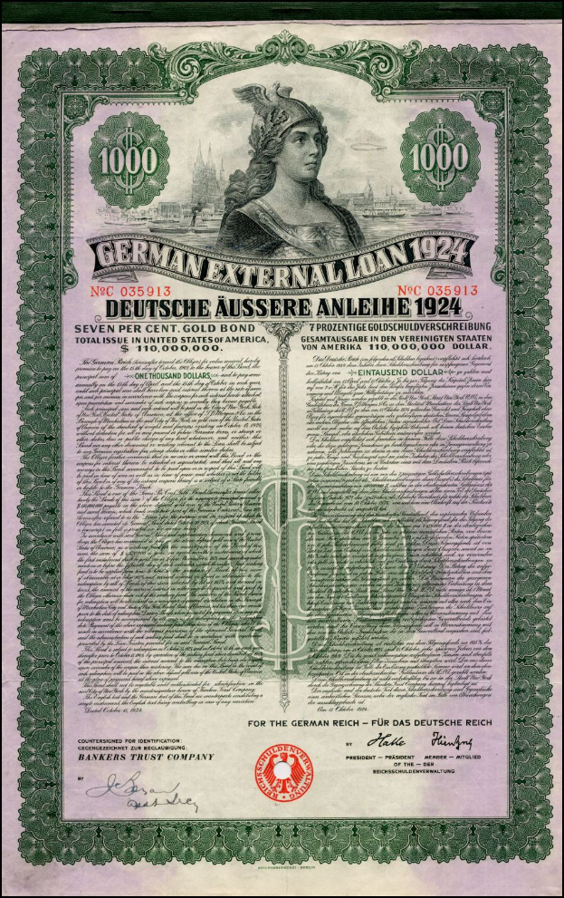 Ein altes deutsches Auslandsdarlehen aus dem Jahr 1924 mit einem Porträt einer Frau, Text und Zahlen, die seine Nennwert angeben.