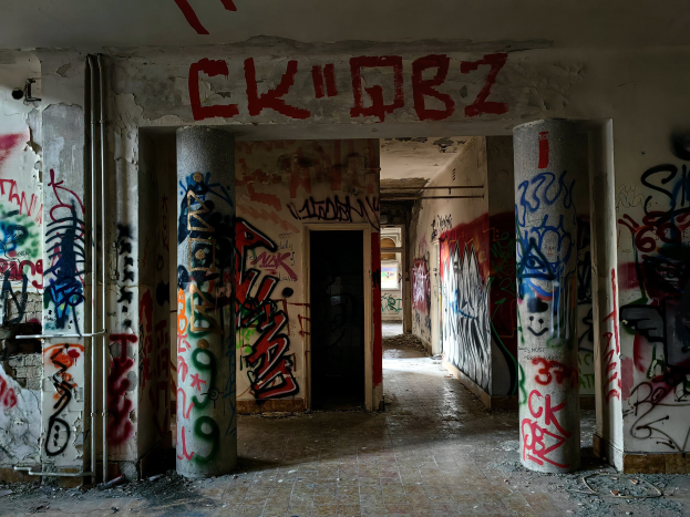 Verlassenes Gebäude mit Graffiti-beschmierten Wänden, Säulen, freiliegenden Boden und sichtbaren Rohren, mit einer Tür im Hintergrund.