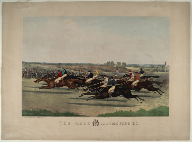 Gruppe von Menschen, die auf Pferden reitet, auf einer grünen Wiese mit Bäumen und einem klaren blauen Himmel im Hintergrund, mit der Beschriftung 'The Race at Jerome Park, New York' unten.