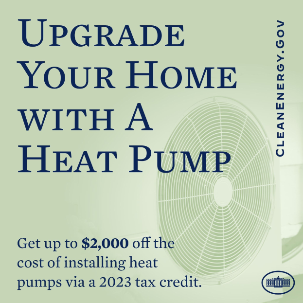 Plakat wirbt für den Austausch von Heizpumpen zu Hause, zeigt ein Bild einer Heizpumpe und den Text "Upgrade Your Home with a Heat Pump."