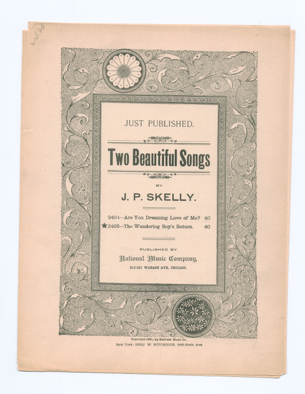 Ein altes, hellblaues Buch mit dem Titel "Zwei schöne Lieder" von J.P. Skelly, mit weißer, fetter Schrift auf einem abgenutzten Cover.