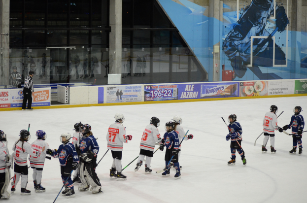 Gruppe junger Menschen, die Eis-hoc-key auf einer Indoor-Rink spielen, mit Helmen und Eishockey-Sticks, mit einer Person auf der linken Seite und Bannern, Säulen und Glaswänden im Hintergrund.