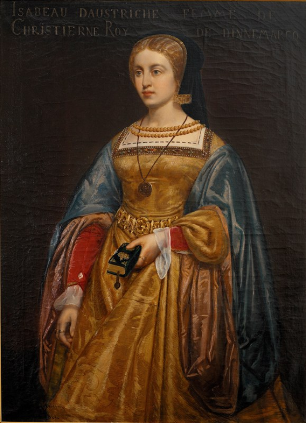 Gemälde von Isabella daustriche in einem goldenen Kleid mit feinen Details, ihre Haare zu einem ordentlichen Knoten gebunden, majestätisch und mit einem friedlichen Gesichtsausdruck, von Christierne Roy.