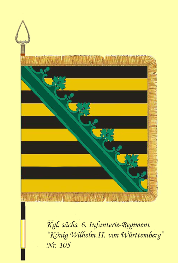 Ein Plakat mit einem gelb-schwarzen gestreiften Flaggenmotiv mit einem grün-gelben Streifen und der Aufschrift "König Wilhelm II von Württemberg" unten.