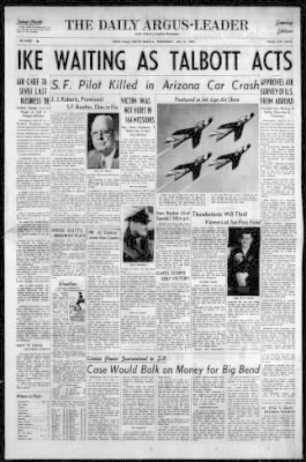 Die Titelseite der Daily Argus-Leader Zeitung aus Arizona mit einem schwarzen Hintergrund, der Überschrift 'Ike Waiting as Talbott Acts' und mehreren Bildern von Menschen und Flugzeugen.