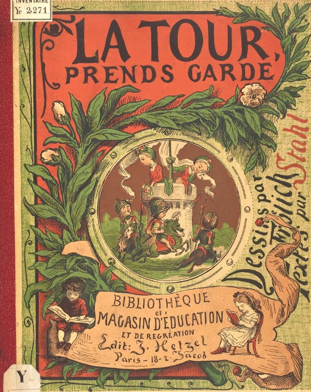 Buchumschlag mit Kindern, die fröhlich in einem üppigen Garten mit grünen Blättern und bunten blühenden Blumen spielen, Titel 'La Tour Prends Garde' sichtbar.