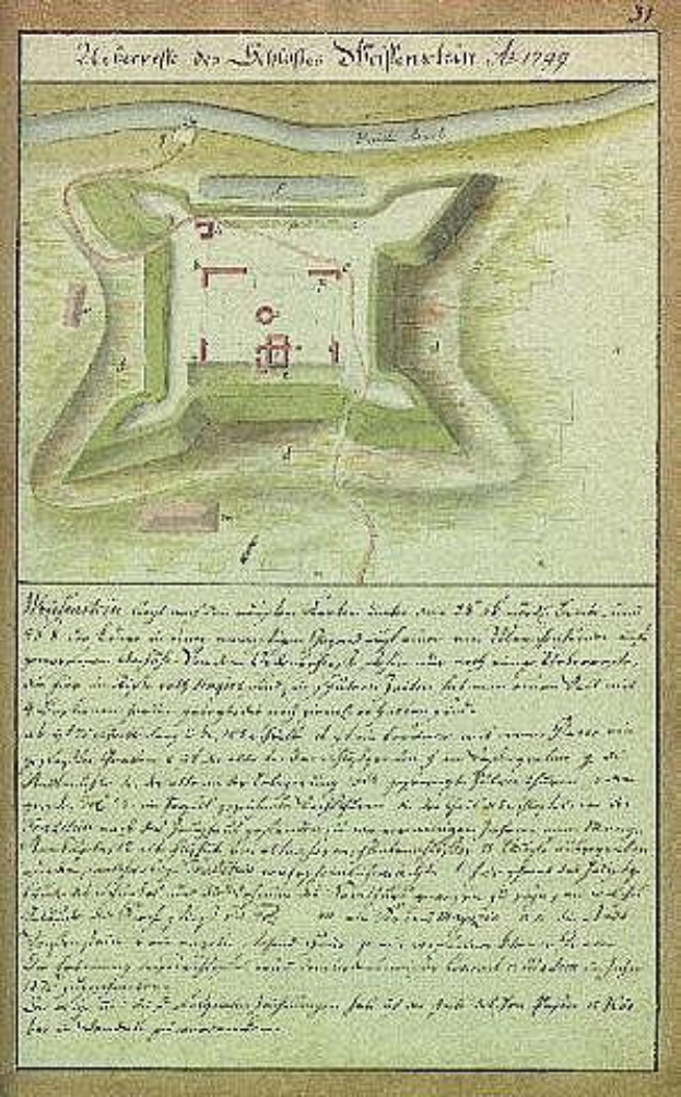 Ein altes Stadtplan von Stuttgart, Deutschland, das ein Schloss in der Mitte zeigt, mit begleitendem Text, der die Größe, Lage und Merkmale des Schlosses beschreibt.