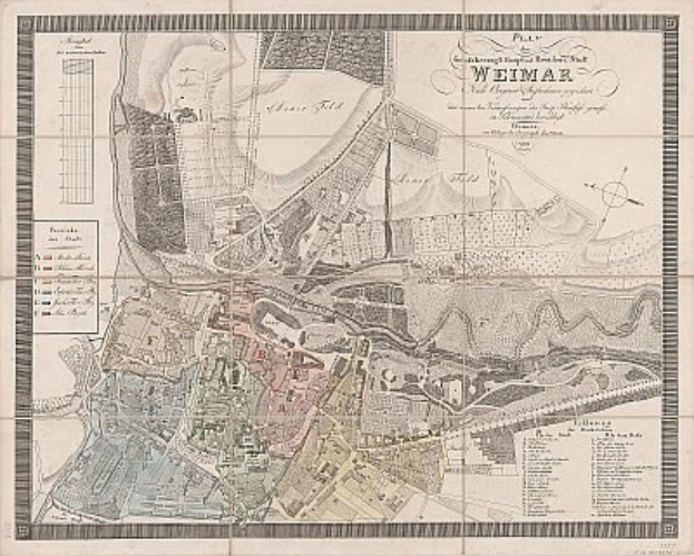 Ausführliche alte Karte von Weimar, Deutschland, zeigt Straßen, Gebäude und Sehenswürdigkeiten mit zusätzlichem Text über die Stadt.