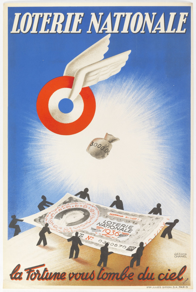 Plakat für eine nationale Lotterie mit einer Illustration eines Vogels, der über einen Stapel Geld fliegt, mit Werbetext.