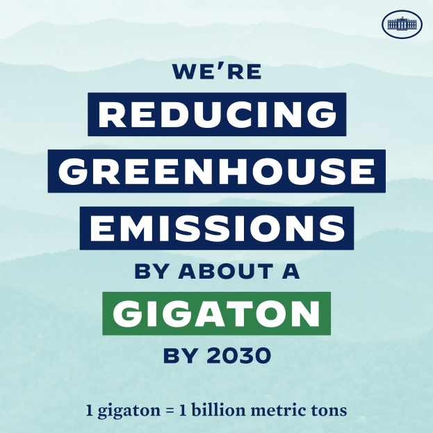 Plakat mit Text und Logo, das "Wir reduzieren die Treibhausgasemissionen bis 2030 um etwa eine Gigatonne", für eine signifikante Reduzierung der Treibhausgase bis 2030 wirbt.