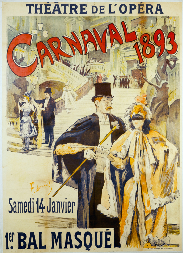 Ein Vintage-Plakat aus dem Jahr 1893 mit einem Mann in Zylinder und einer Frau in langem Kleid nebeneinander vor einem hellgelben Hintergrund, mit schwarzer Schrift, die das Ereignis beschreibt.