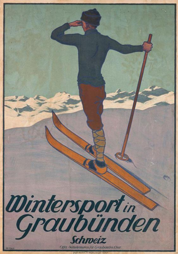Eine Person auf Skiern mit einem Stock in der Hand vor schneebedeckten Bergen im Hintergrund auf einem Plakat, das einen Wintersport in Graubünden, Schweiz, bewirbt, mit Text, der Informationen über den Sport enthält.