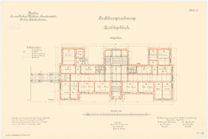 Schwarz-weißer architectural floor plan des Reichstagsgebäudes in Berlin, Deutschland, mit beschrifteten Räumen, Fluren, Fenstern und Türen.