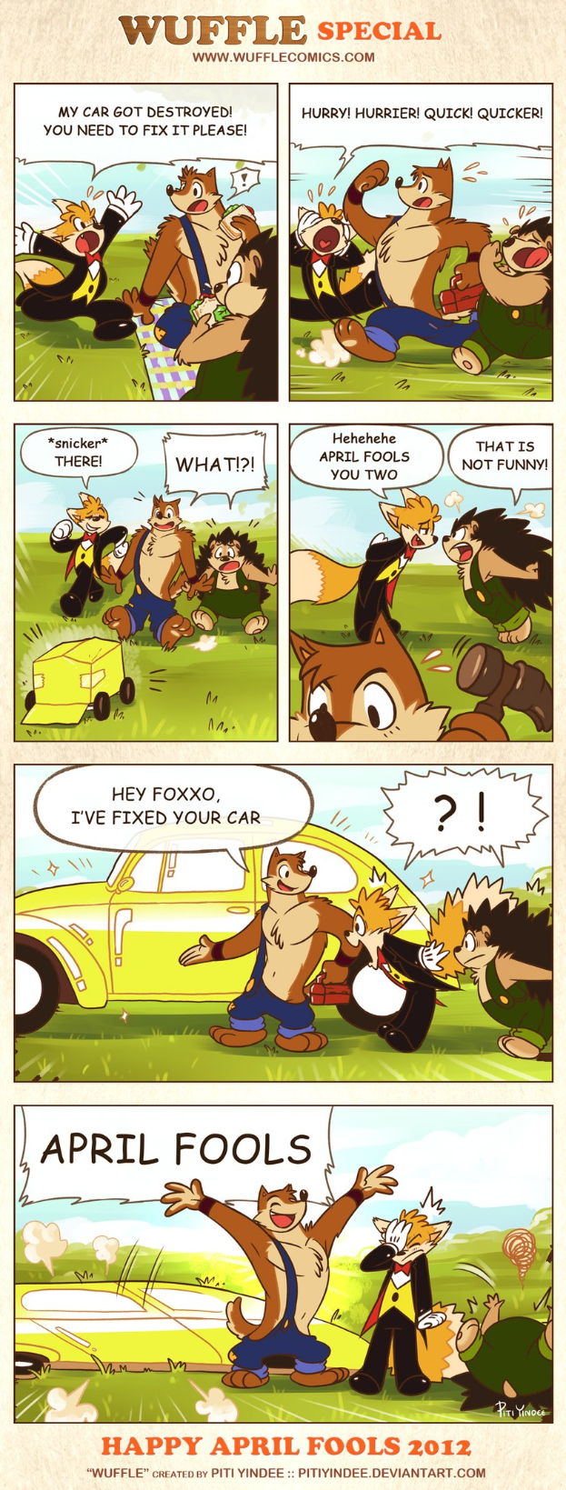 Comic-Strip-Plakat mit der Aufschrift 'April Fools', das einen Cartoon-Mann und -Frau in einem Gespräch vor einem hellblauen Himmel mit weißen Wolken zeigt, einer gestikuliert mit den Händen, Text in fetter schwarzer Schrift.