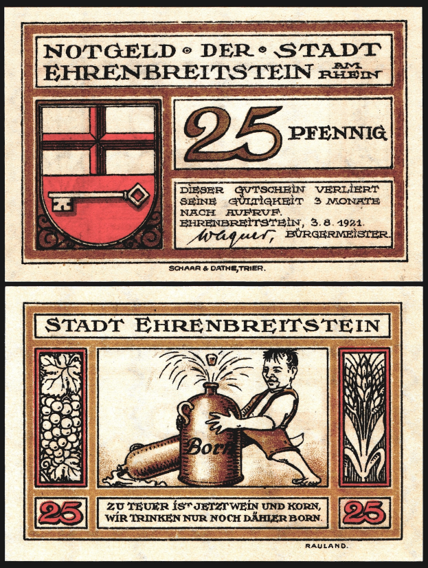 Alte deutsche Banknote mit einem Mann in weißem Hemd und blauer Mütze, der eine Bierflasche hält, mit Text einschließlich des Wortes "Beer" und einem gekrönten Schild-Logo.