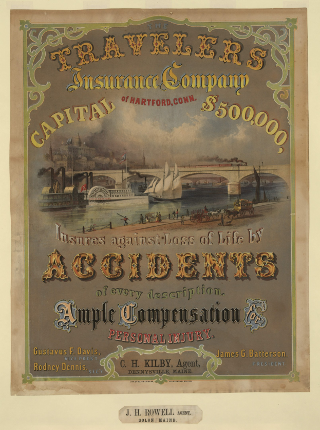 Werbeplakat für die Traveler's Insurance Company of Hartford, Connecticut, mit Booten, einer Brücke und Gebäuden sowie Texten, die Reiseversicherungsdienstleistungen anpreisen.