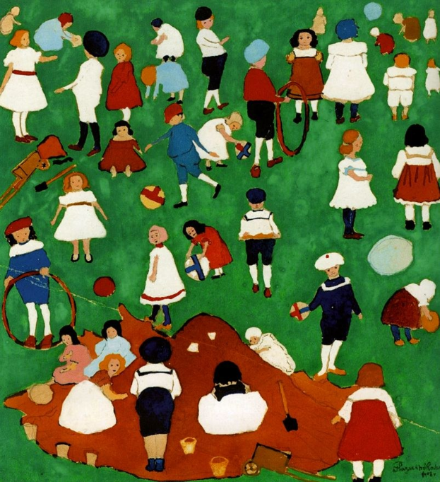 Malerei von Kindern beim Spielen auf einem Feld, einige halten Bälle, Schaufeln und andere Gegenstände, mit einem Wasserzeichen auf der rechten Seite.