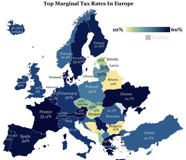 Eine Karte von Europa, die die höchsten Grenzsteuersätze nach Ländern zeigt, mit der Überschrift "Höchste Grenzsteuersätze in Europa."
