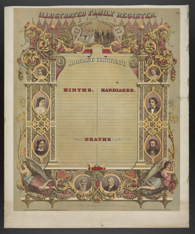 Illustrierter Familienstammbuch-Eintrag für Heirat mit schwarzem Hintergrund, zeigt Bilder von Menschen und Text "Geburten, Heiraten, Tode."