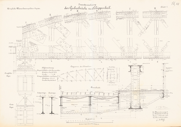 Altes Buch mit detaillierten Brückenplänen und Text, das ein Bild einer Brücke auf dem Cover zeigt.