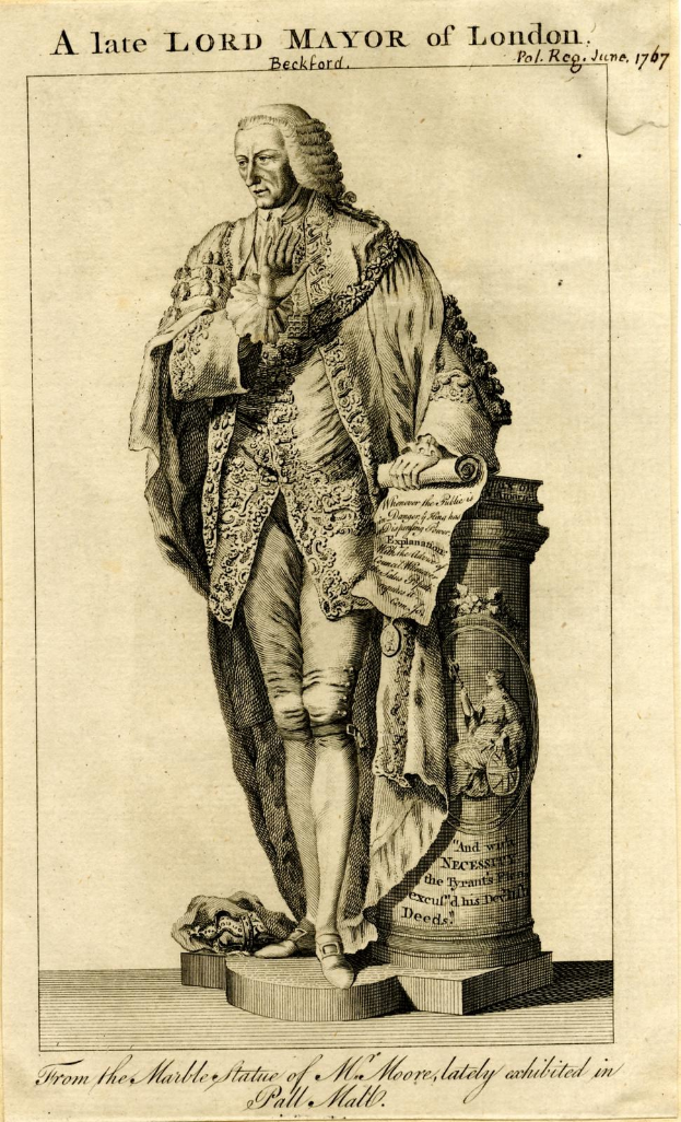 Spätes Oberhaupt der Stadt London auf einem Podest stehend, ein Dokument haltend, in Amtstracht und Hut mit ernster Miene, zur Seite schauend.