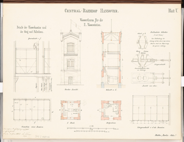 Buchumschlag mit detaillierter architecturaler Zeichnung des Central Bahnhof Hannover, einschließlich Fenstern, Türen und anderen Gebäudeteilen, sowie begleitendem Text über seine Gestaltung.