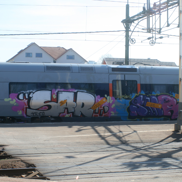 Graffiti-bedeckter Zug mit sichtbaren Kabeln, Häuser mit Fenstern im Hintergrund.