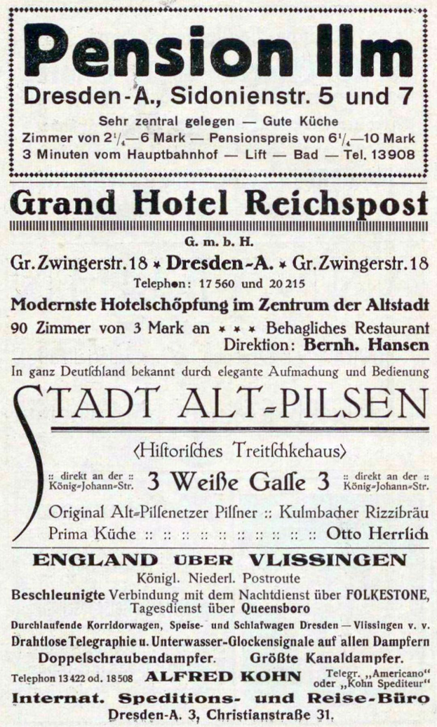 Alte Zeitungsanzeige f├╝r das Pensionshaus in Dresden, Deutschland, mit schwarzem Text auf wei├čem Hintergrund.