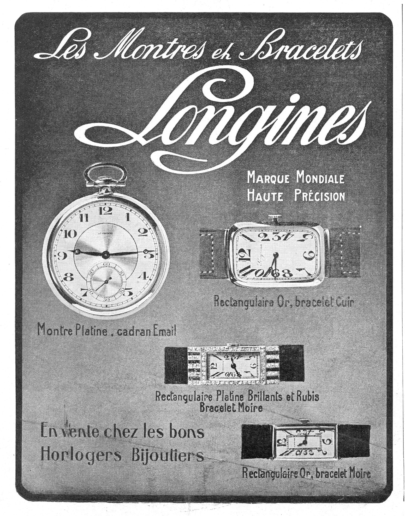 Vintage-Werbetafel für Longines-Uhren aus den 1920er-Jahren mit gedämpften blauen und grauen Tönen, klassischer Typografie und detaillierten Uhren-Illustrationen.