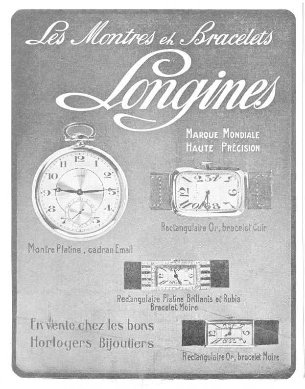 Vintage-Werbetafel für Longines-Uhren aus den 1920er-Jahren mit gedämpften blauen und grauen Tönen, klassischer Typografie und detaillierten Uhren-Illustrationen.
