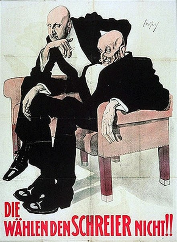 Deutsches Propagandaplakat für die Nazi-Partei, das zwei Männer auf einem Sofa sitzend zeigt, mit Text, der die Partei bewirbt.