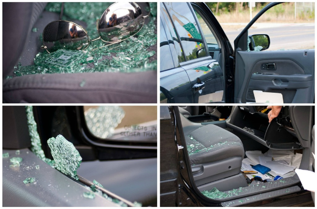 Ein Collage aus vier Bildern: Schutzbrille auf Glasscherben, eine Seitenansicht eines Autos, ein zerbrochenes Autofenster und ein Autositz mit Glasscherben und verstreuten Papieren.