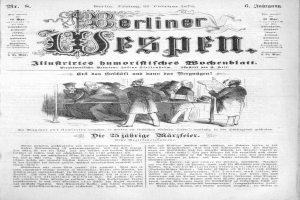 Eine alte deutsche Zeitung namens 'Berliner Wespen' vom 21. Februar 1873, die ein Foto einer Gruppe von Menschen in traditioneller deutscher Kleidung zeigt.
