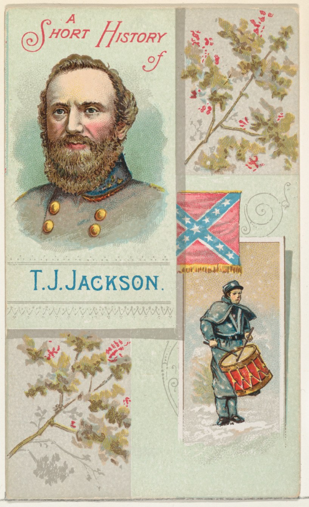 Plakat mit einem konföderierten General, T.J. Jackson, mit einem menschlichen Gesicht, umgeben von Bildern von Bäumen, einer Flagge und Text.
