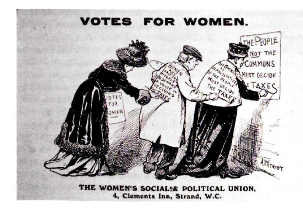 Cartoon of three determined women in traditional clothing holding a sign reading "Votes for Women: The Women's Social & Political Union" against a light blue sky with clouds.