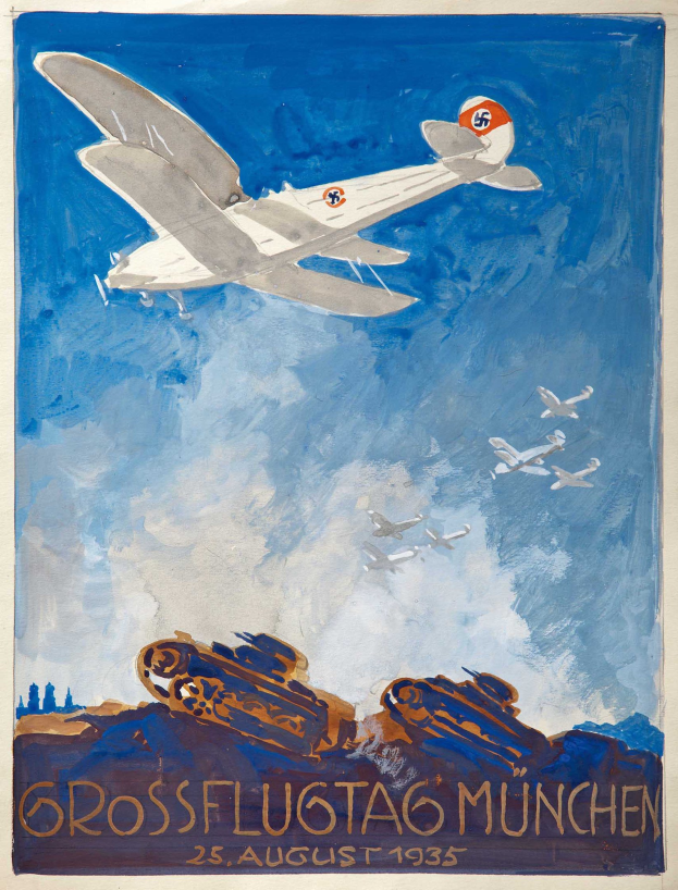 Plakat für eine Luftschau in München am 25. August 1935, das ein Flugzeug am Himmel mit anderen Flugzeugen im Hintergrund zeigt.