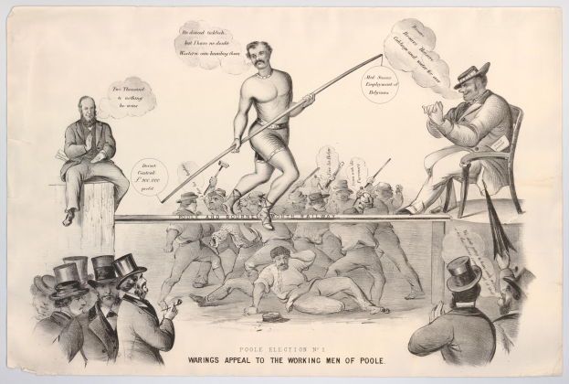 Eine Karikatur eines Mannes mit Zylinder und einer Frau in einem Kleid, die Stöcke halten, mit Menschen, die auf Stühlen sitzen und liegen, und einem Text unten mit der Aufschrift "Warrings Appeal to the Working Men of Poole".