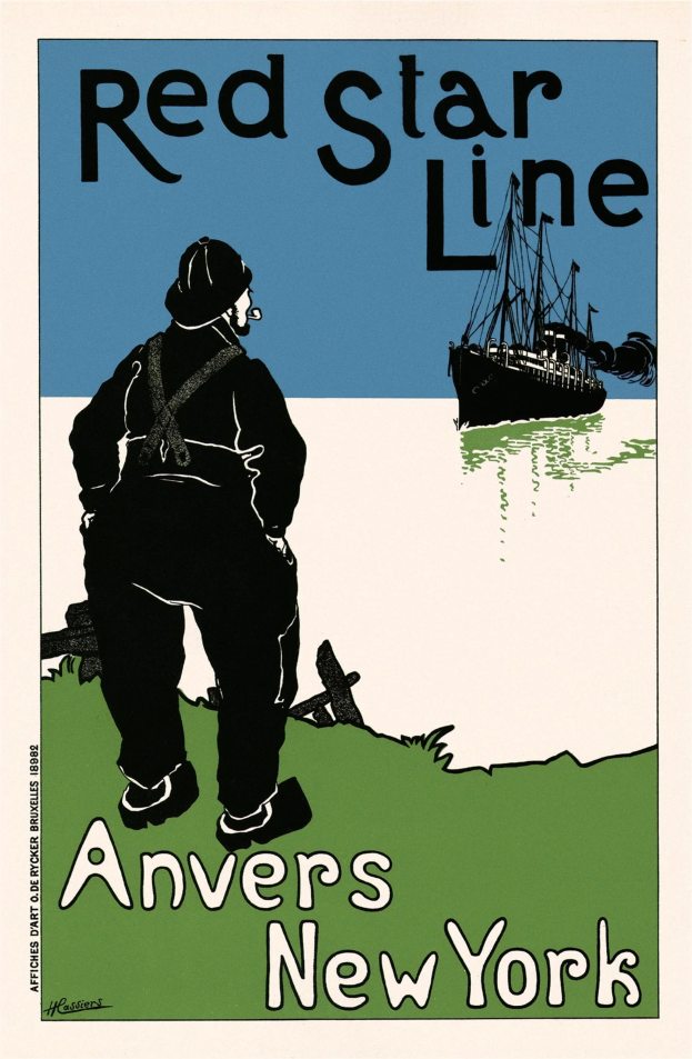 Eine Person in einem weißen Hemd und blauen Jeans steht mit verschränkten Armen vor einer roten Sternlinie auf einem Plakat mit einem blauen Hintergrund und weißer Schrift, die 'Red Star Line Anvers New York' liest.