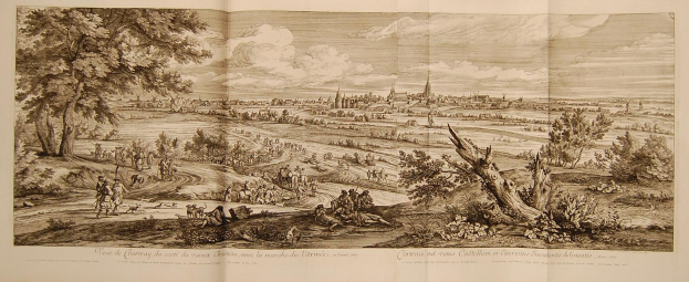 Offenes Buch mit dem Titel "Sicht auf die Schlacht von Castellum und Castellium, aus der Illustrated London News" zeigt eine Landschaftsillustration mit Menschen, Bäumen, Pflanzen, Gebäuden und Wolken.