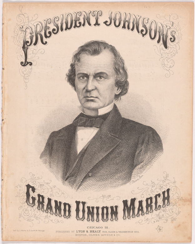 Ein Plakat mit einem zentralen Porträt von Präsident Johnson, auf dem wahrscheinlich Details zum Großunion-Marsch Ereignis.