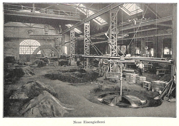 Schwarzes und weißes Foto einer Fabrikhalle mit Arbeitern, die an Maschinen arbeiten, Metallstangen und -rohre, beschriftet mit "Neue Eisenglebeerei, die erste Fabrik in Deutschland" unten.