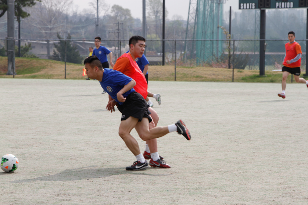 Spieler werden beim Fußballspielen auf einem Feld mit Maschendrahtzaun gezeigt, mit Bäumen, Leitern und Strommasten auf der anderen Seite.